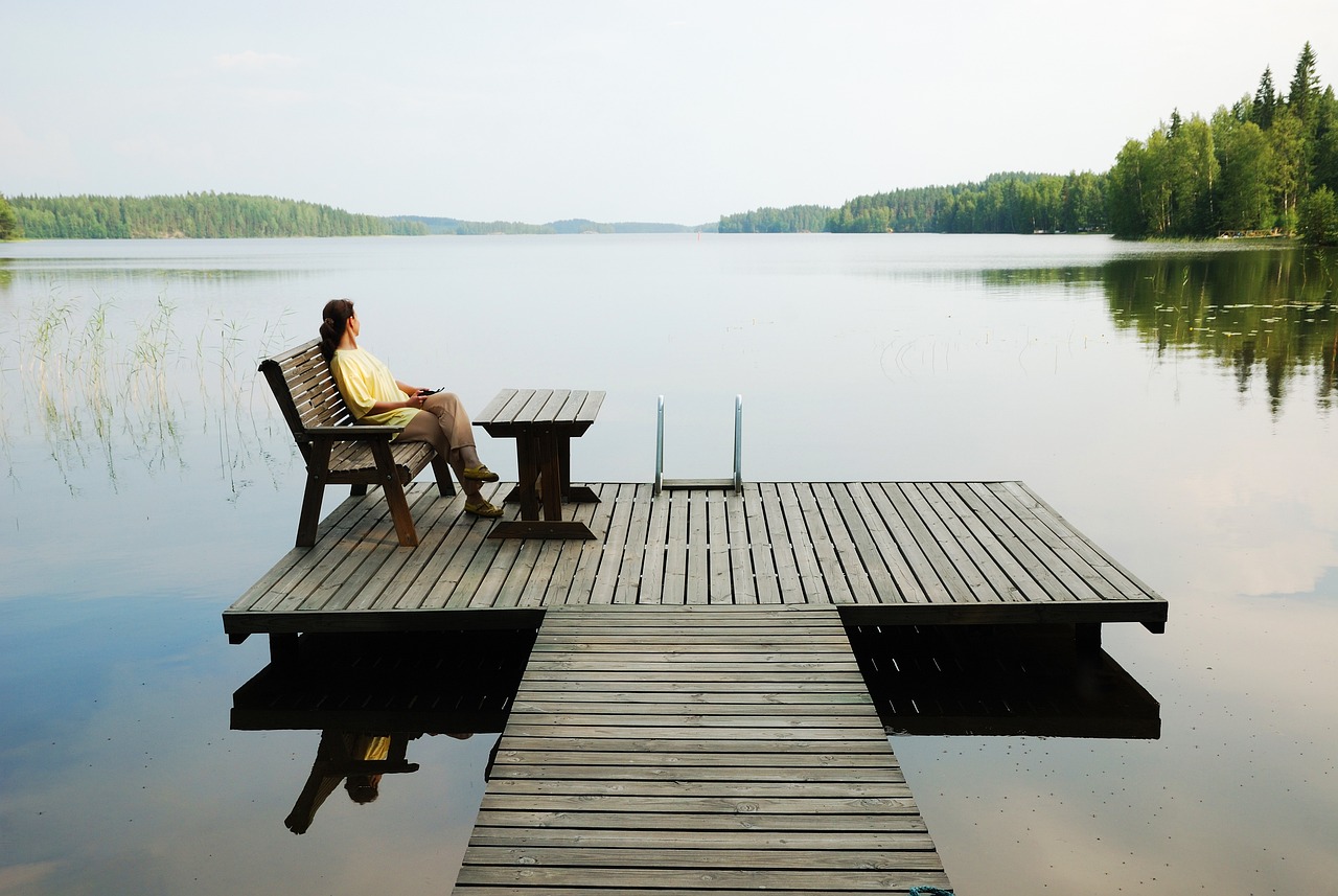 lake, platform, wooden platform, woman, resting, relaxing, sitting, wooden bench, wooden table, calm, quiet, water, finland, view, landscape, relaxation, finnish, nature, scandinavian, europe, platform, relaxing, relaxing, calm, calm, calm, quiet, quiet, finland, finland, finland, finland, finland